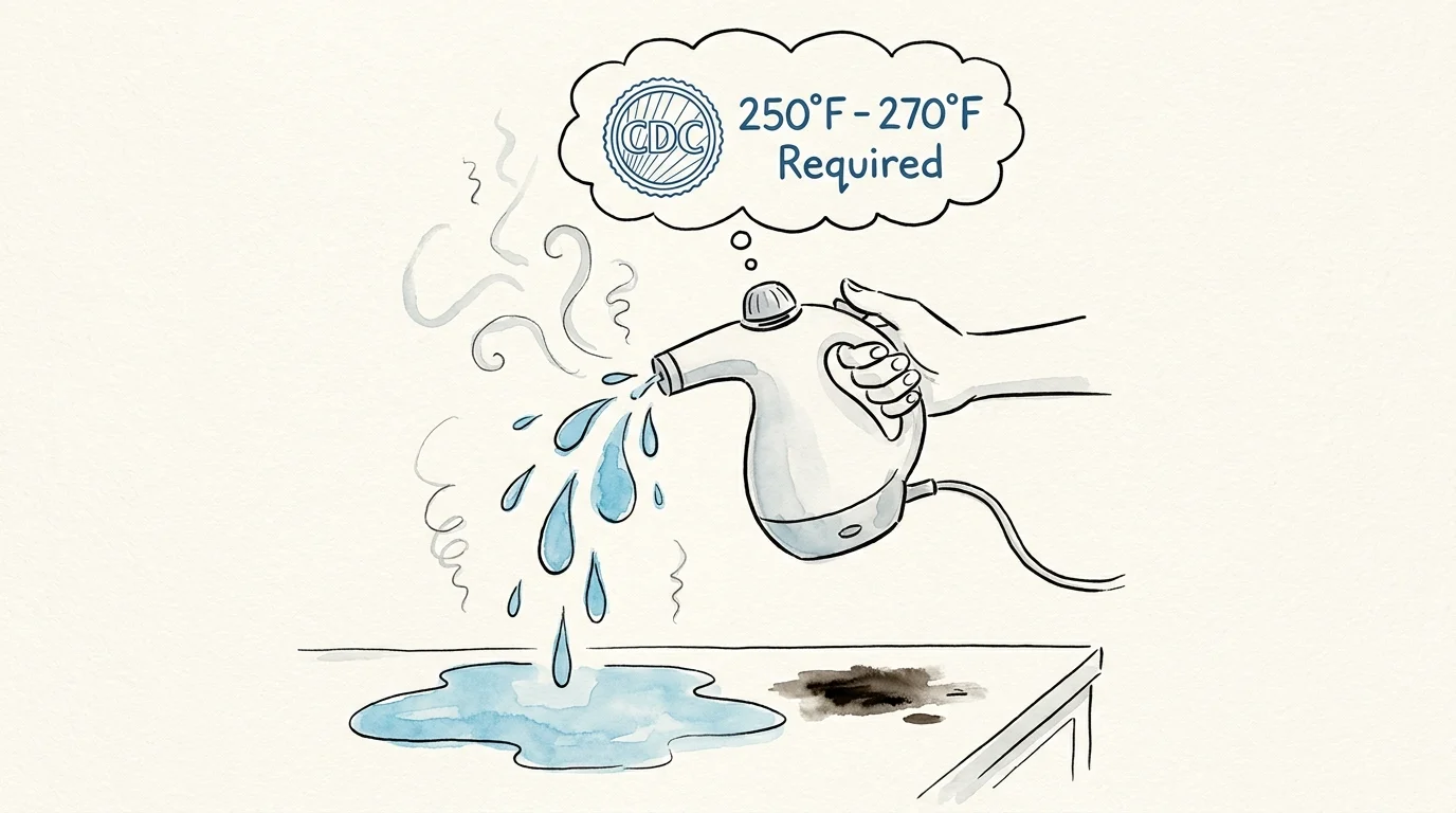 Ink illustration of a handheld steamer failing to clean a grease spot, with a label noting the CDC requirement of 250-270 degrees.