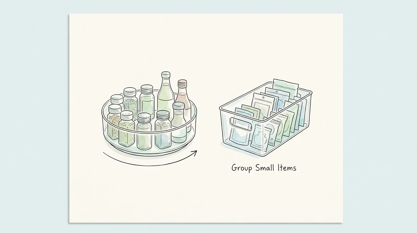 Line art illustration of a spinning turntable and clear bins holding organized kitchen supplies.