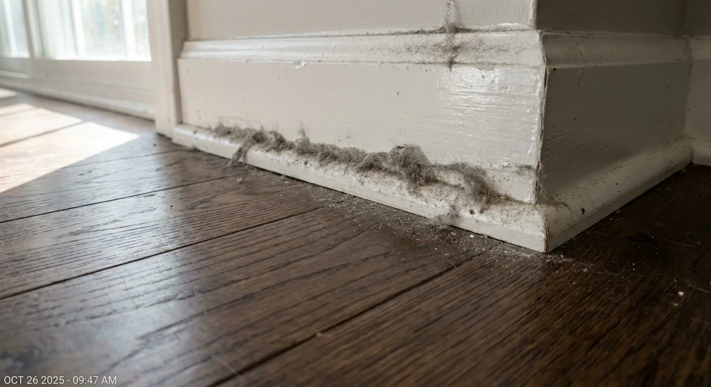 Low-angle photo showing a layer of grey dust on a white baseboard corner.