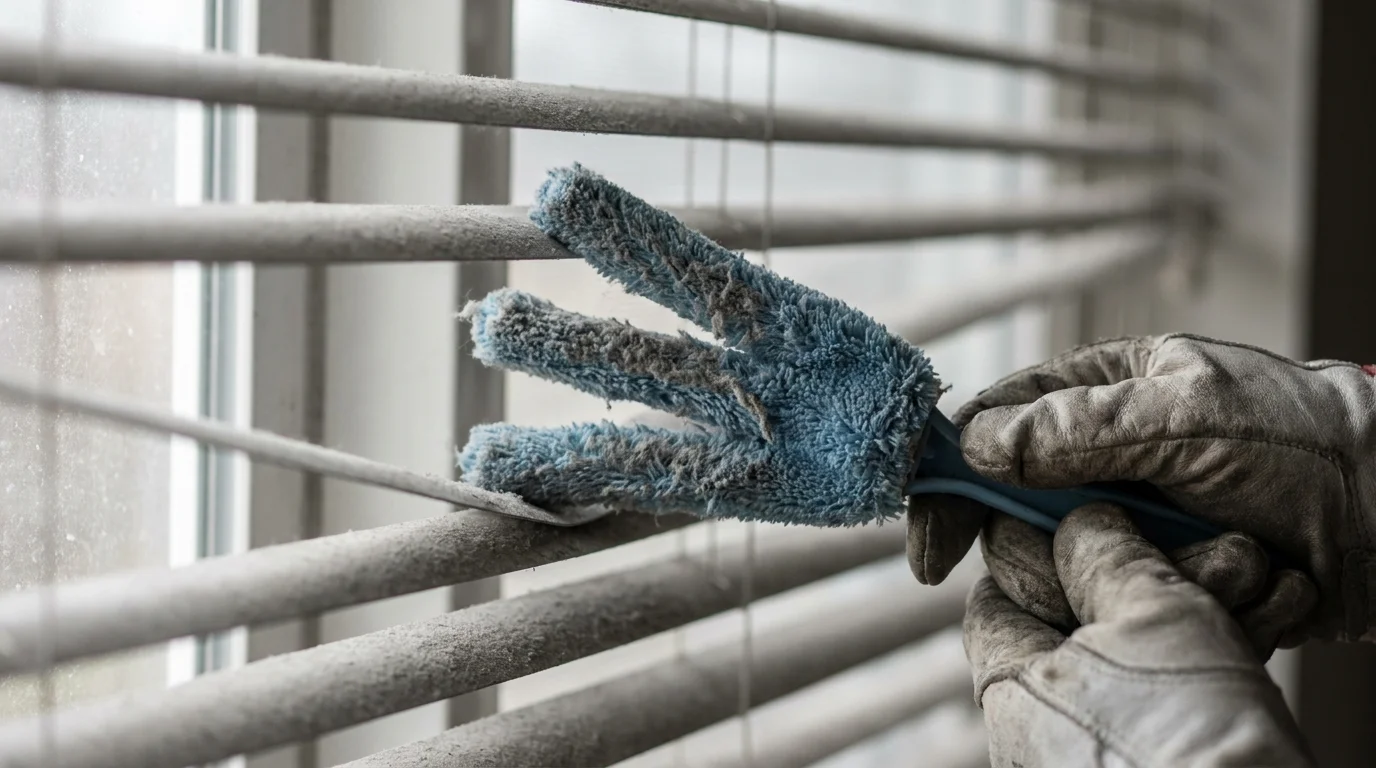 Macro photo of a multi-pronged duster bending a blind slat while failing to pick up a thick layer of dust.