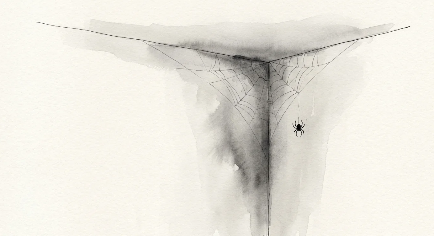Minimalist illustration of a delicate cobweb in the corner of a white ceiling.