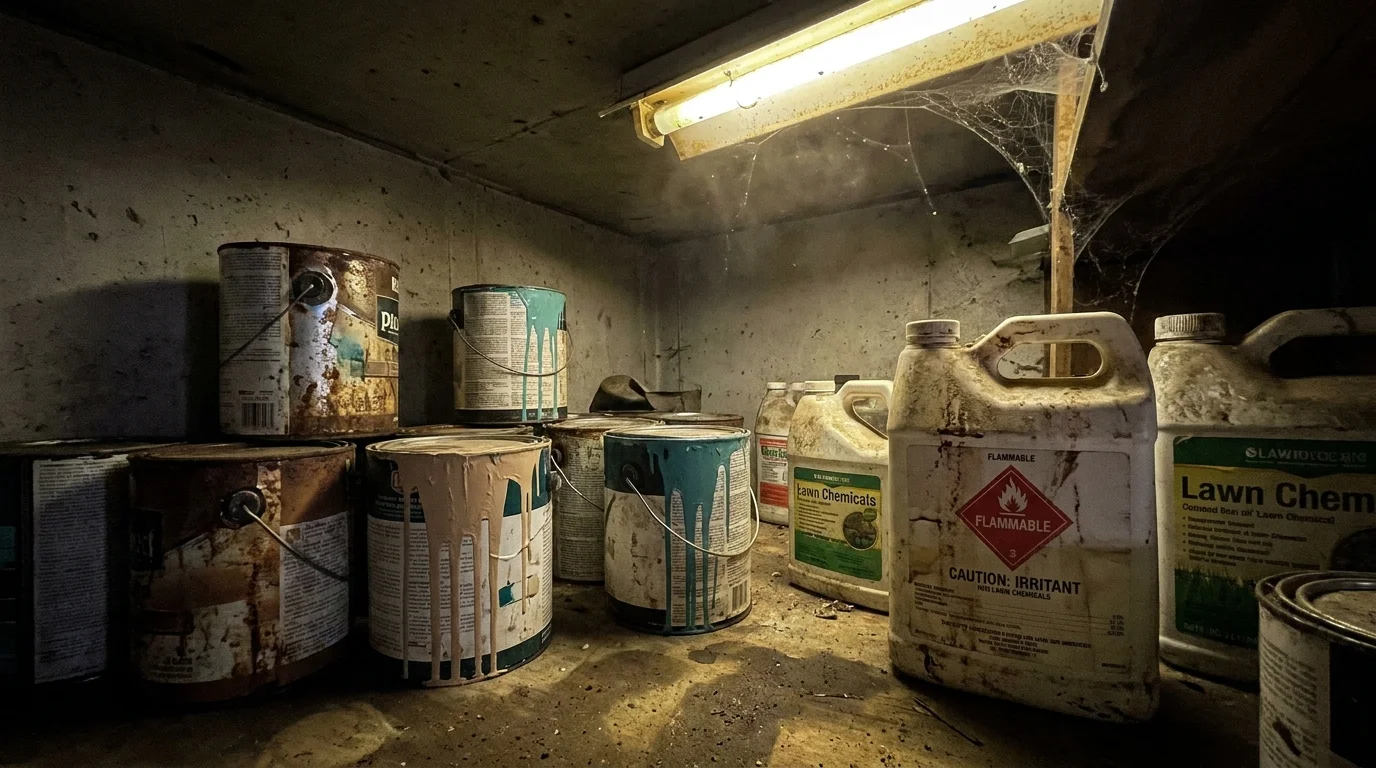 Old, rusted paint cans and chemical jugs stored in a dusty garage corner, highlighting hazardous items that cannot be moved.