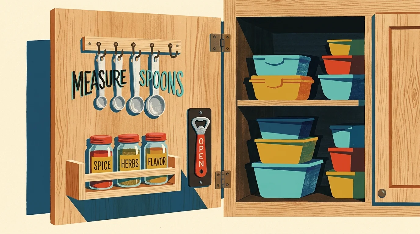 Stylized illustration of the inside of a cabinet door fitted with hooks and small racks for tools.