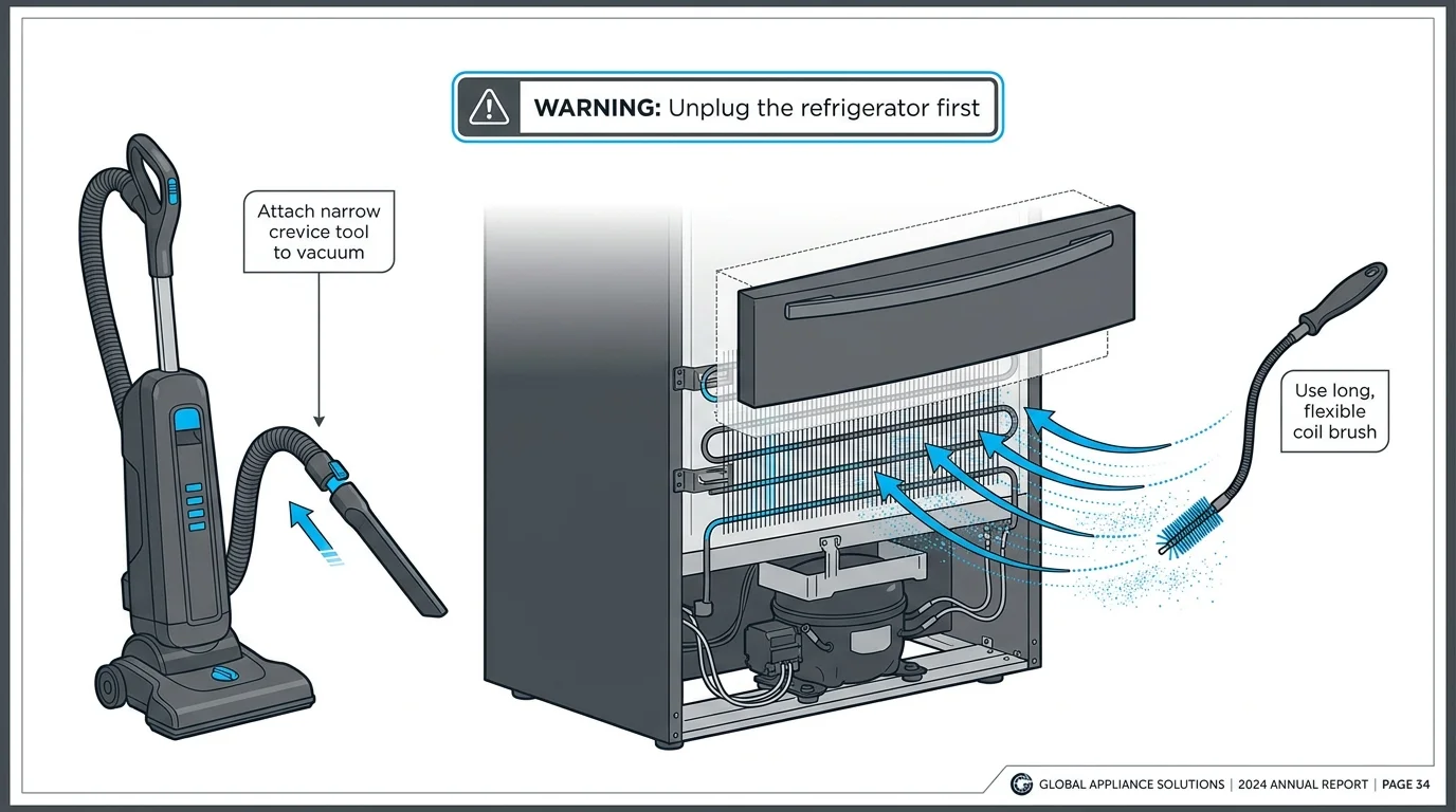 Technical diagram showing the use of a vacuum crevice tool and a coil brush on the bottom of a refrigerator.
