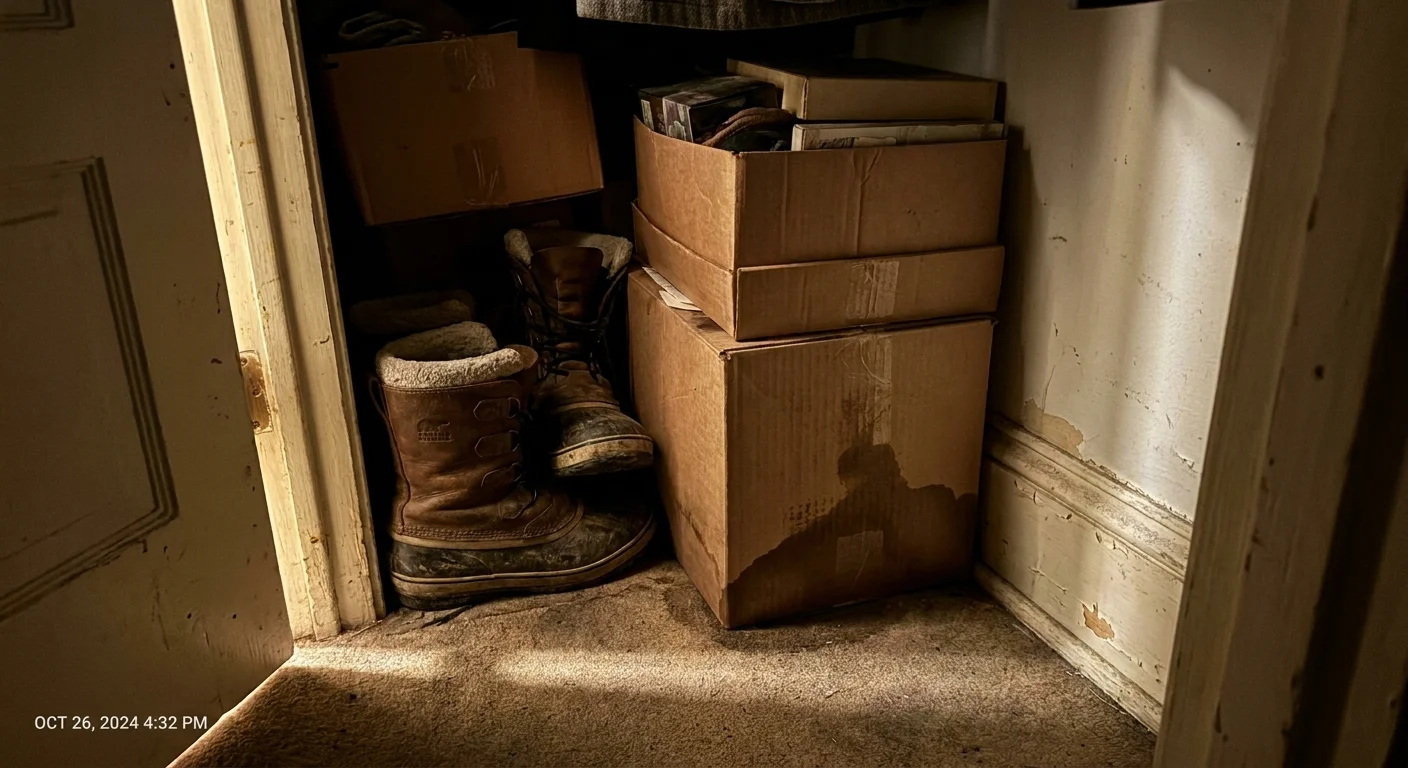The dark, cluttered floor of a closet where boxes and boots are pushed against a wall.