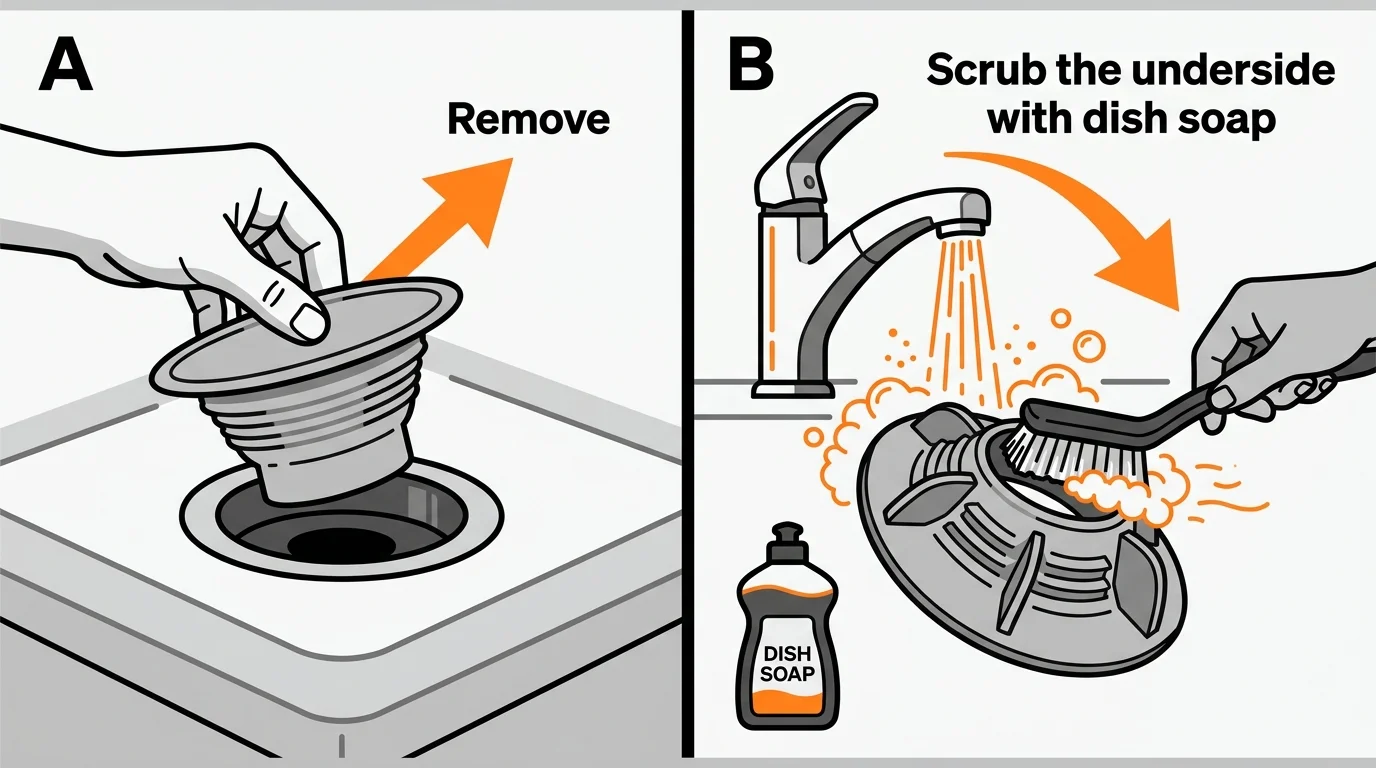 Two-panel diagram showing how to remove a sink splash guard and scrub its underside.