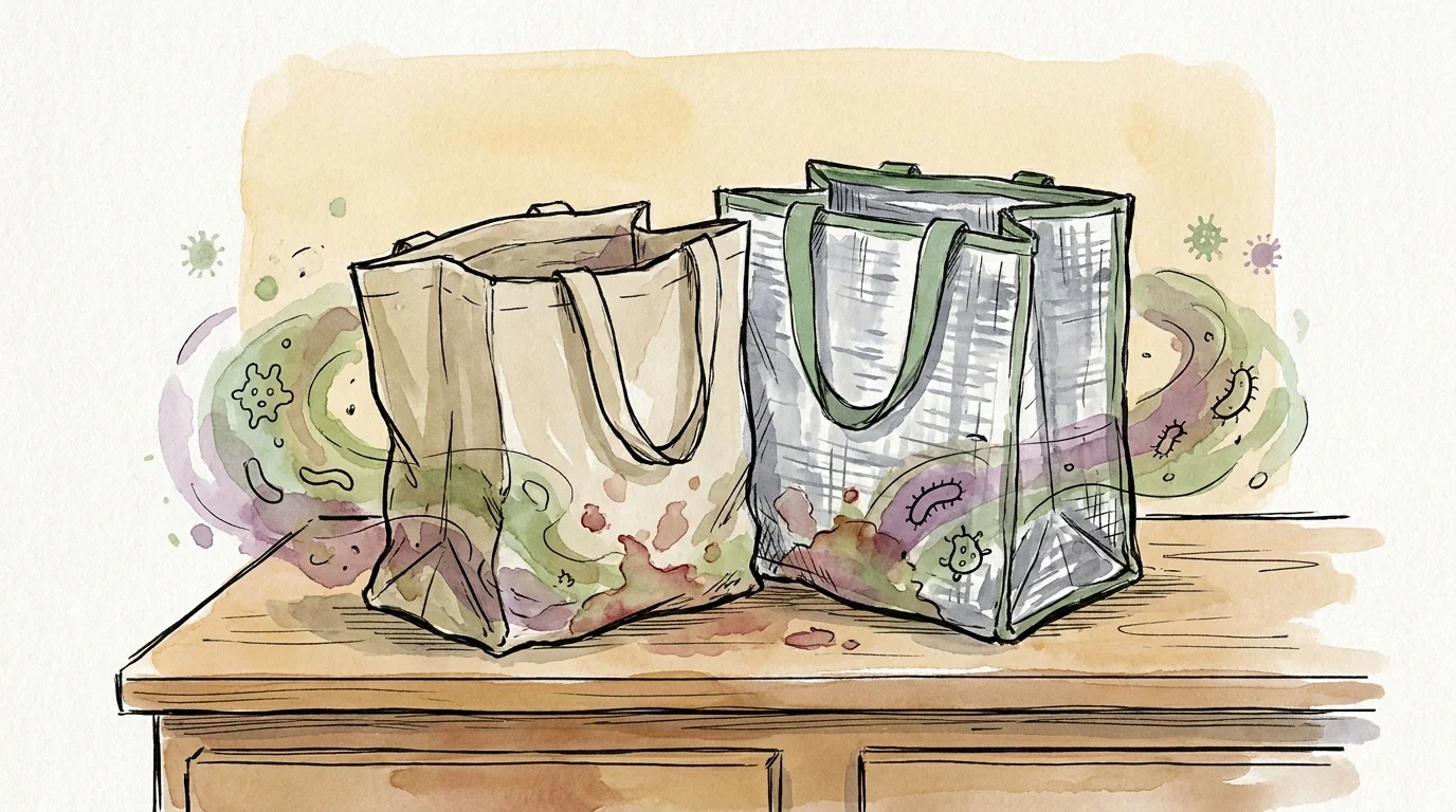 Watercolor drawing of reusable grocery bags with stylized icons representing hidden bacteria.