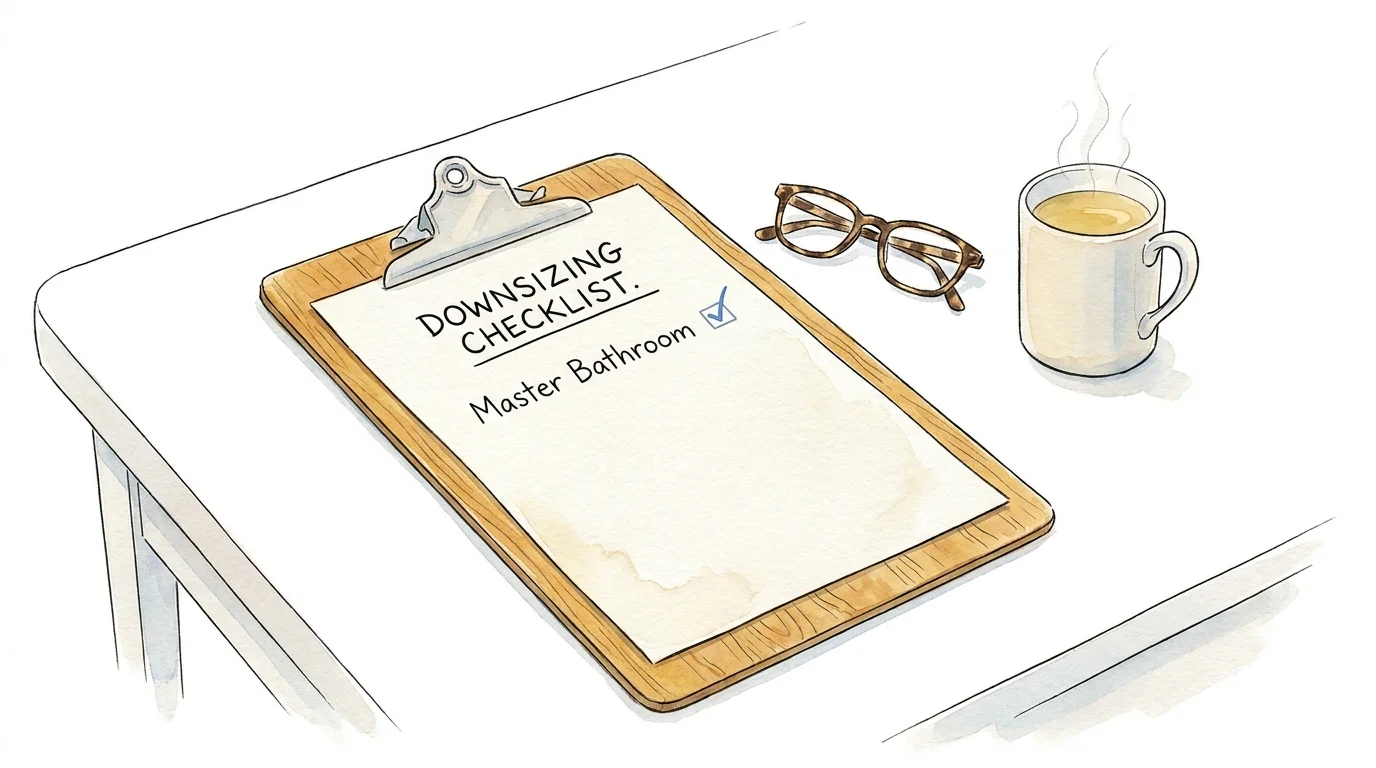 Watercolor illustration of a 'Downsizing Checklist' on a clipboard next to a cup of tea, symbolizing a calm next step.