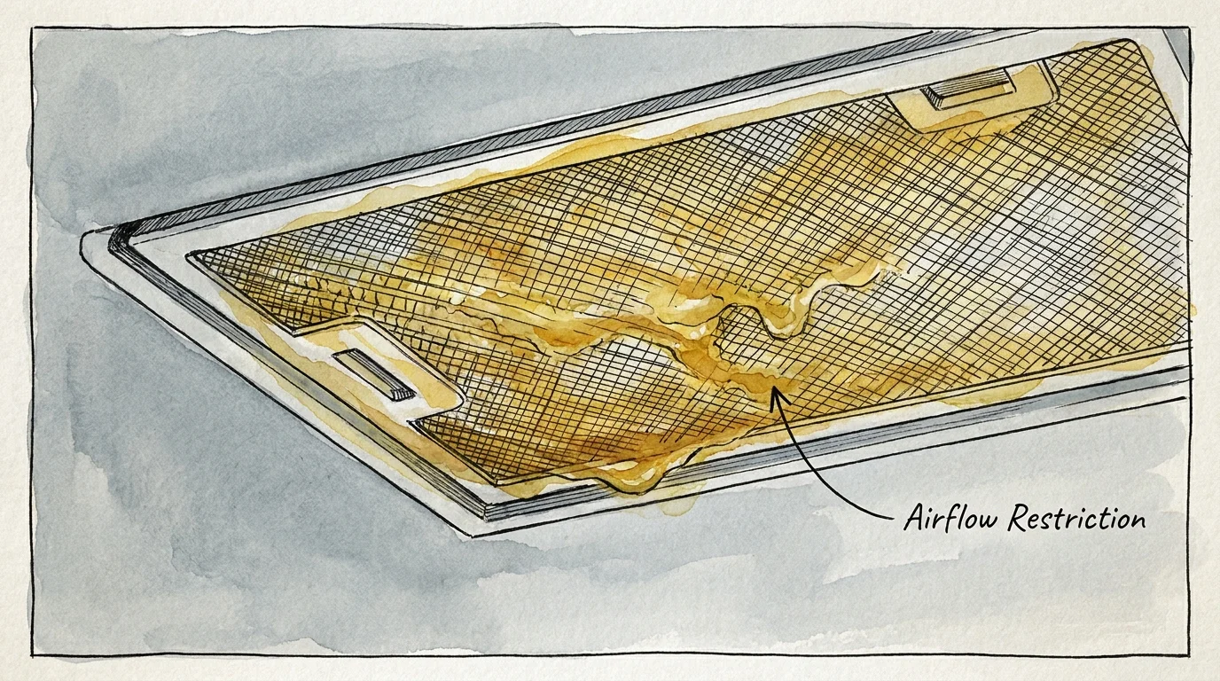 Watercolor illustration of a greasy metal mesh filter from a kitchen range hood.