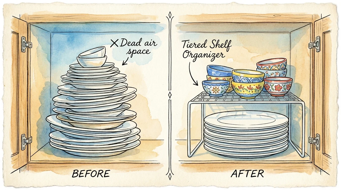Watercolor illustration of a kitchen cabinet using a wire riser to stack plates and bowls on two levels.