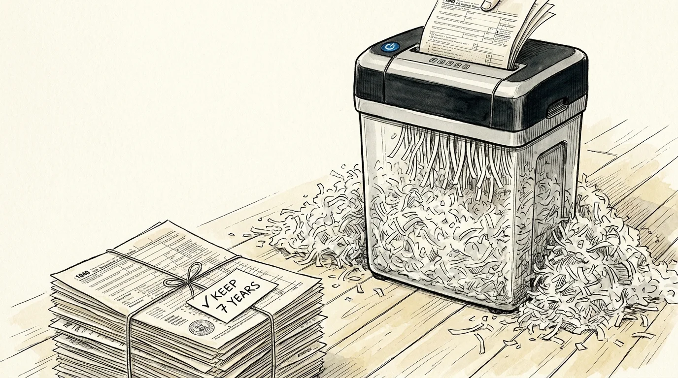 Watercolor illustration of a paper shredder with overflowing shredded documents and organized stacks of tax records.