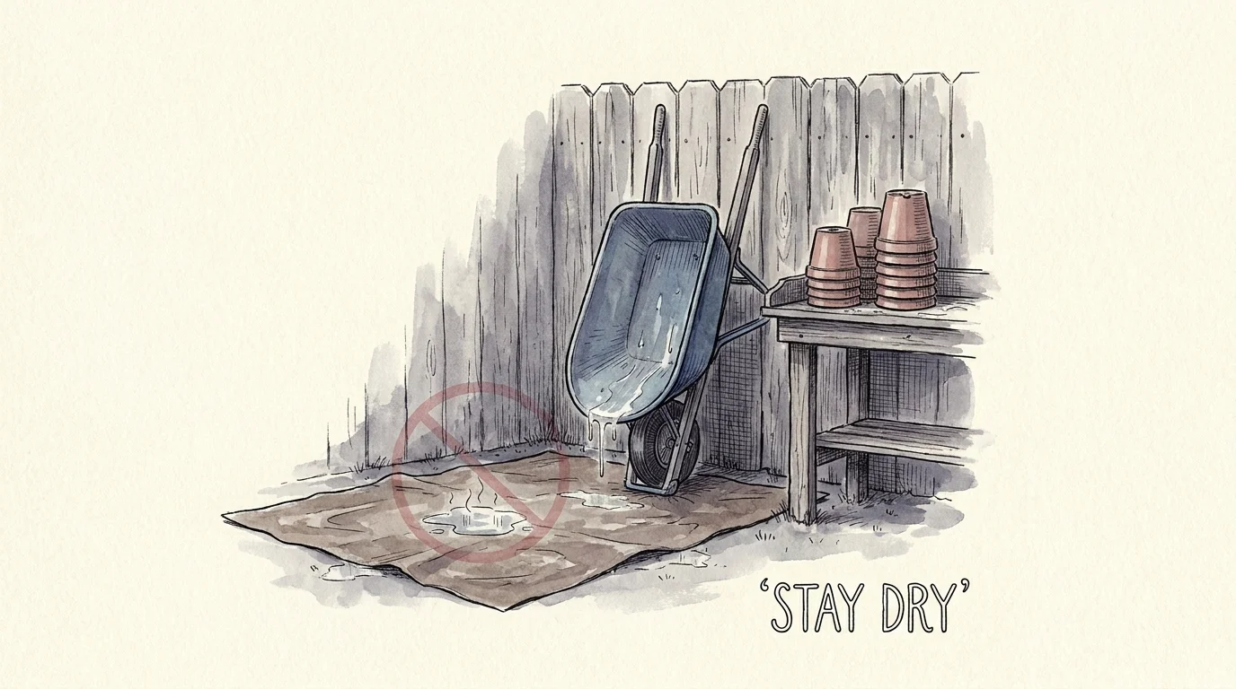 Watercolor illustration of a wheelbarrow stored upright and pots turned over to prevent standing water.