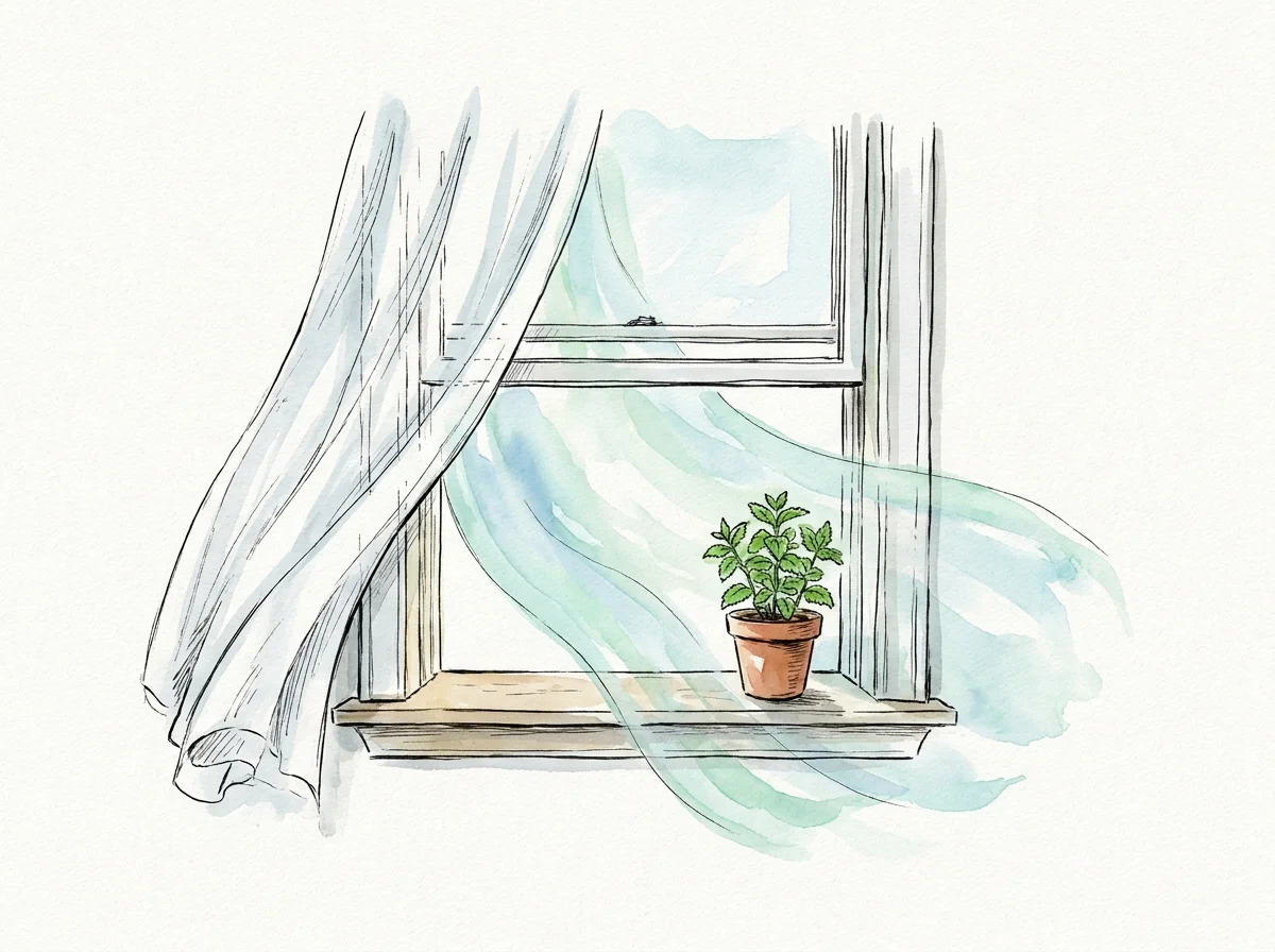 Watercolor illustration of an open window with a breeze blowing a white curtain, symbolizing fresh indoor air.