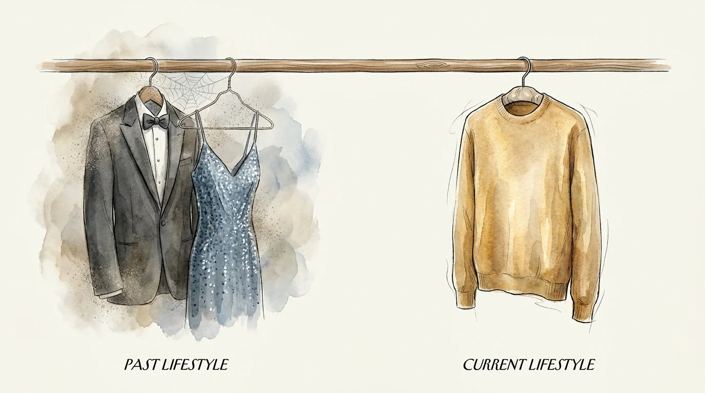 Watercolor illustration of dusty formal wear next to a clean, comfortable sweater, representing the shift in lifestyle during downsizing.