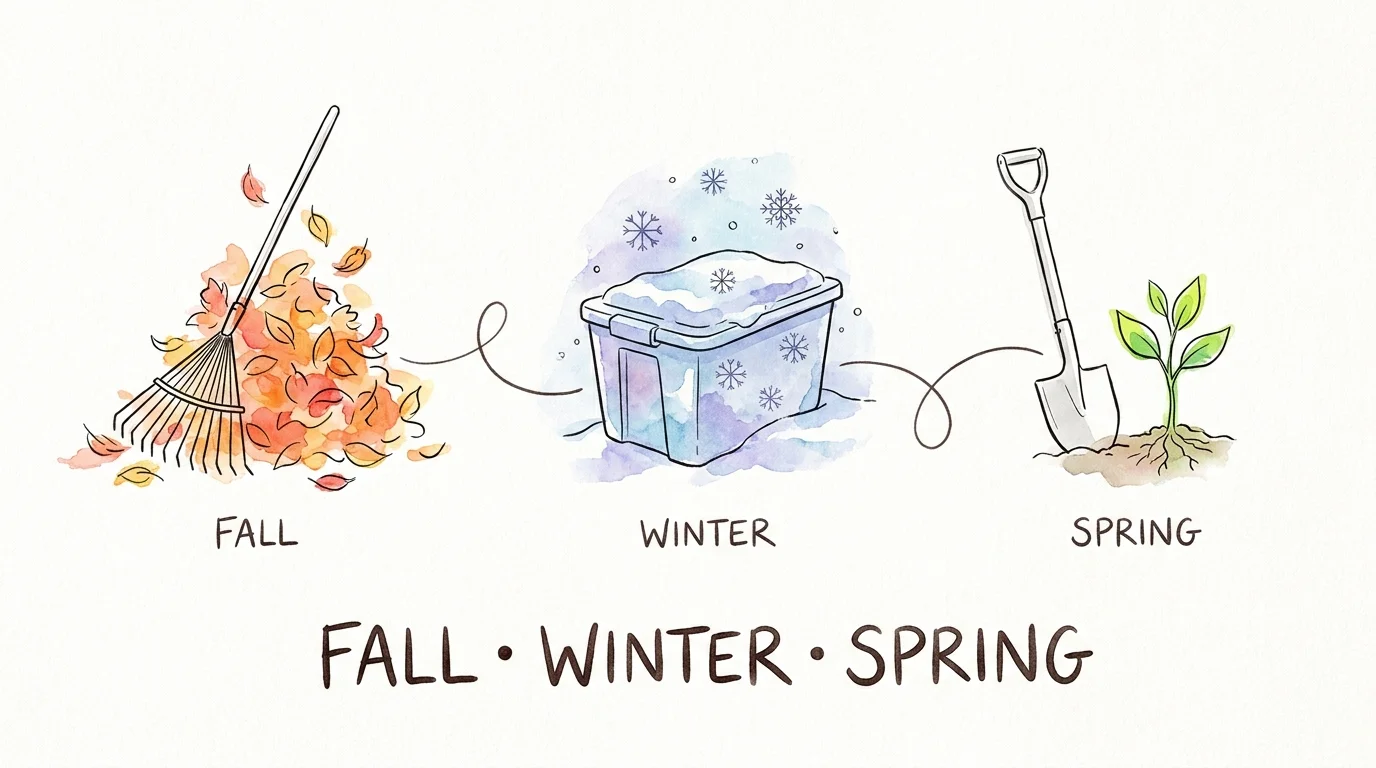 Watercolor illustration of garden tools changing with the seasons from fall leaves to spring seedlings.