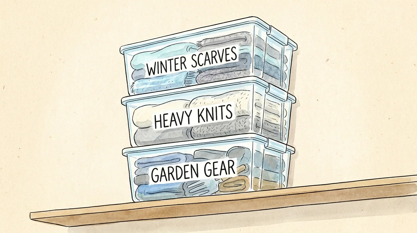 Watercolor illustration of transparent storage bins with large, clear labels for off-season clothing storage.