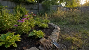 A backyard in transition with new purple flowers and hostas planted next to an overgrown, neglected section of the lawn.