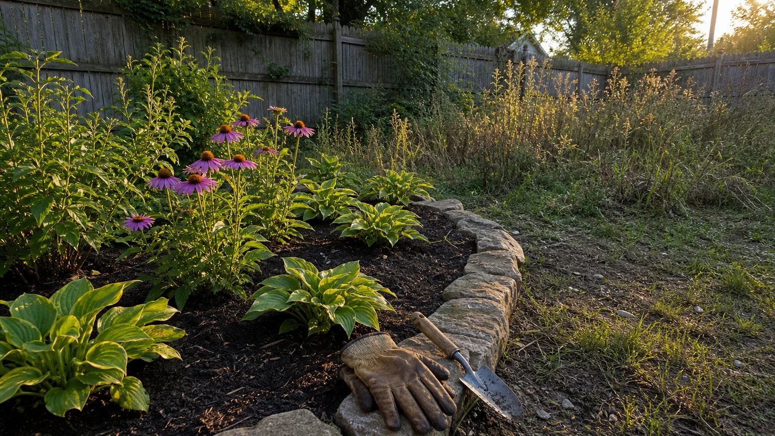 A backyard in transition with new purple flowers and hostas planted next to an overgrown, neglected section of the lawn.