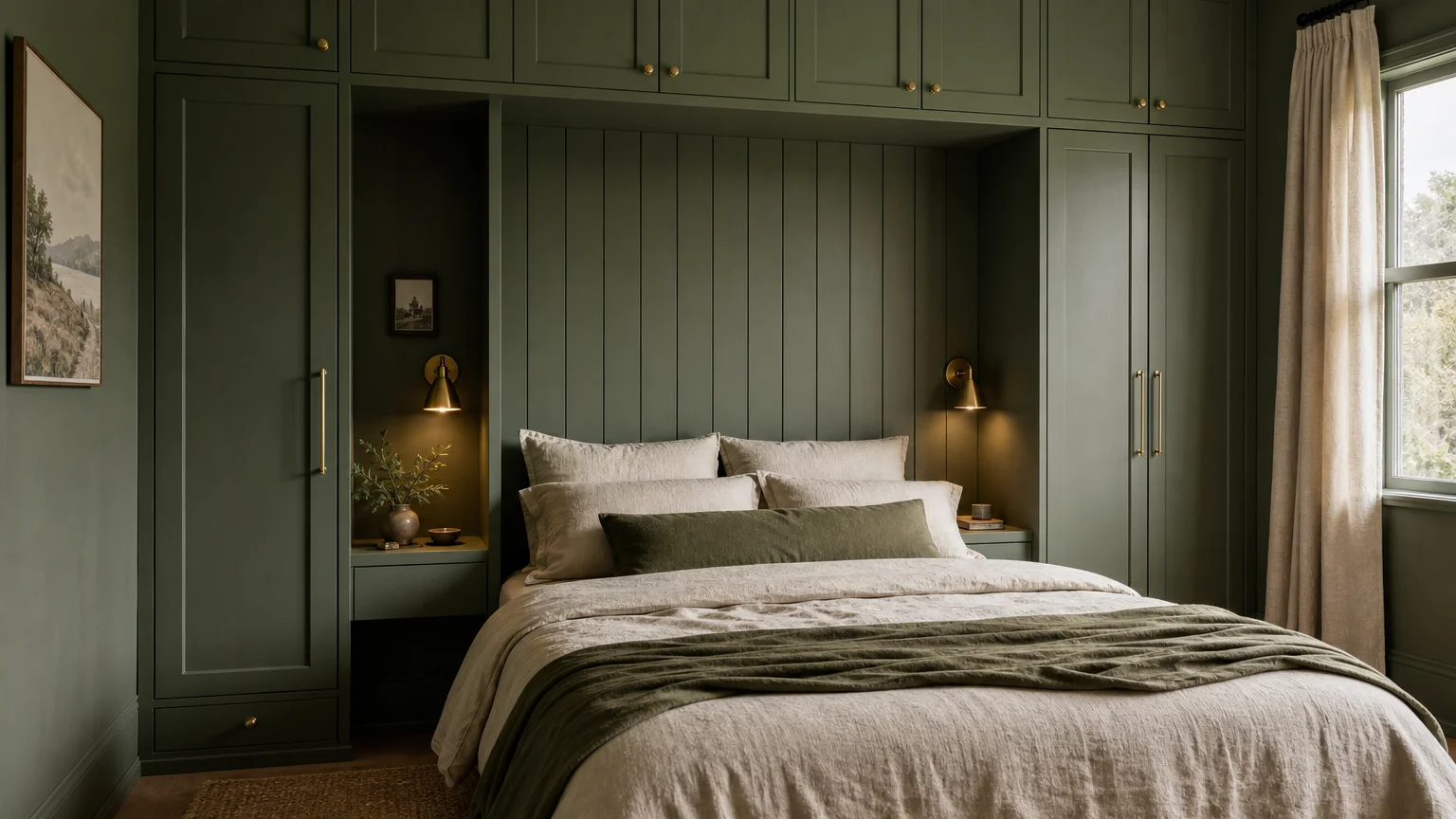 A bedroom featuring custom floor-to-ceiling sage green wardrobes built around the headboard of a bed with warm sconce lighting.