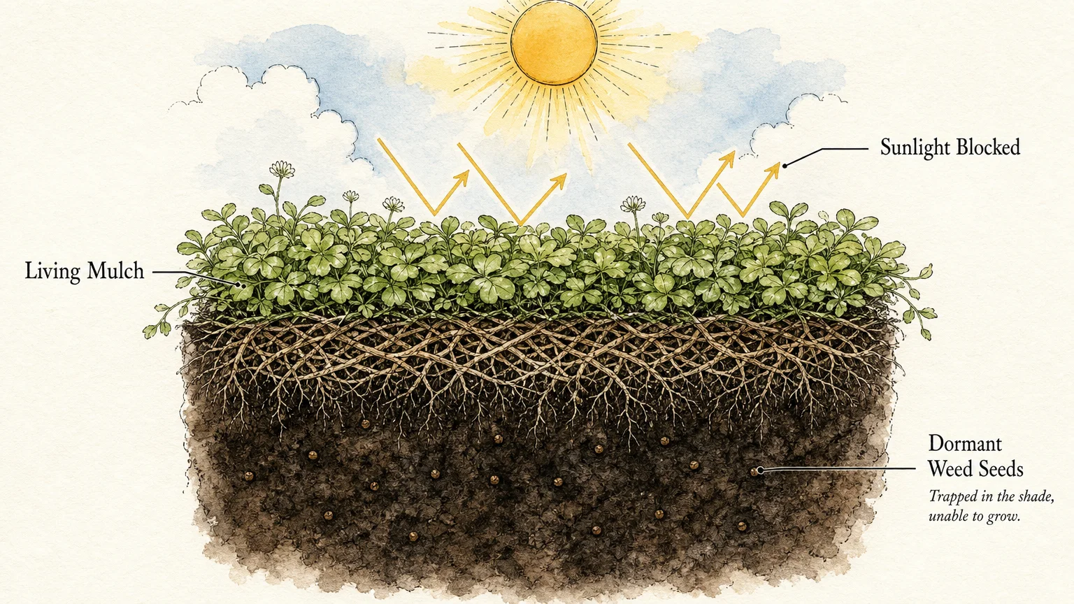 A botanical diagram showing how dense ground cover plants block sunlight from reaching weed seeds in the soil.
