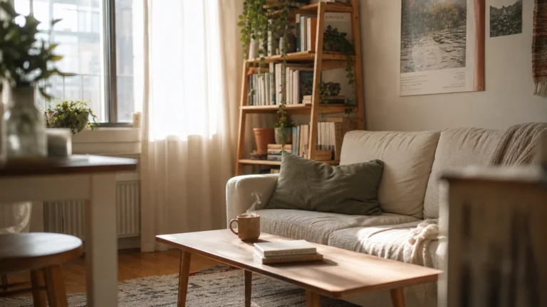 A bright, sunlit corner of a small apartment featuring a cozy sofa and a tall wooden ladder bookshelf.