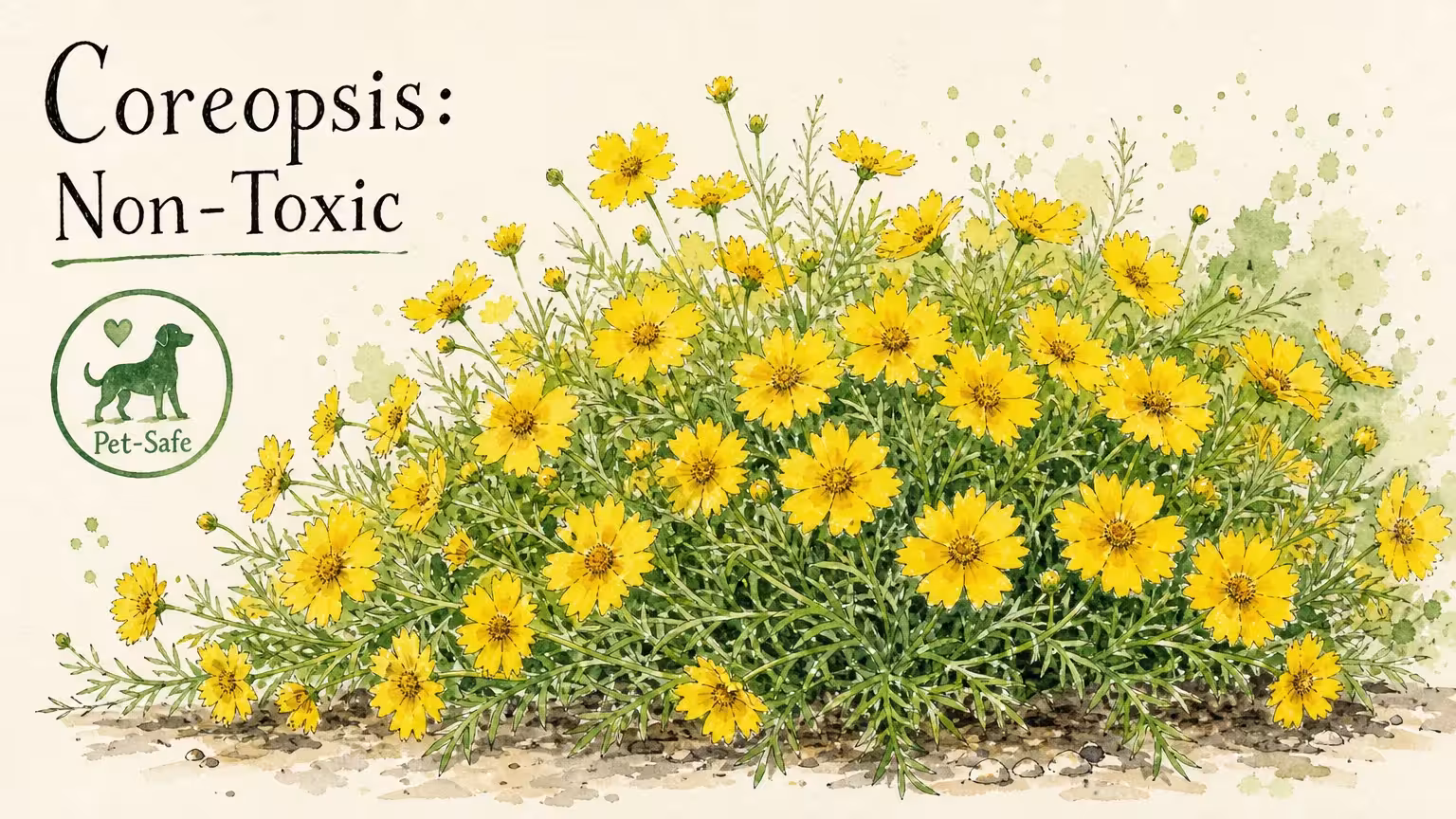 A bright yellow watercolor illustration of Coreopsis flowers, labeled as non-toxic for pets.