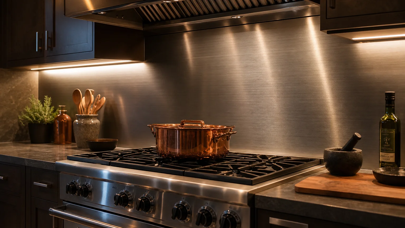 A brushed stainless steel backsplash behind a stove, reflecting a warm copper pot and soft yellow under-cabinet lighting.