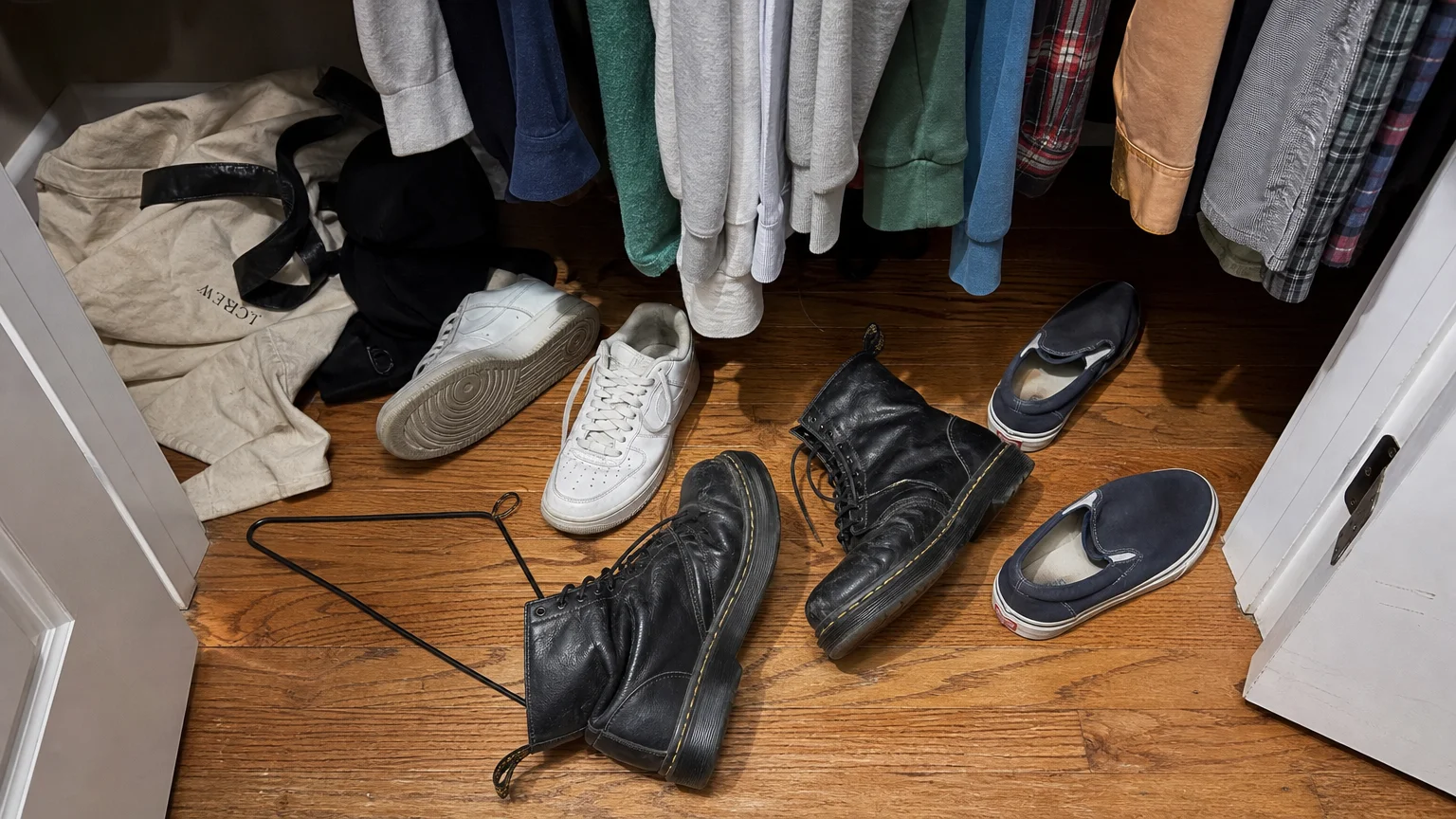 A chaotic jumble of shoes scattered across a hardwood closet floor.