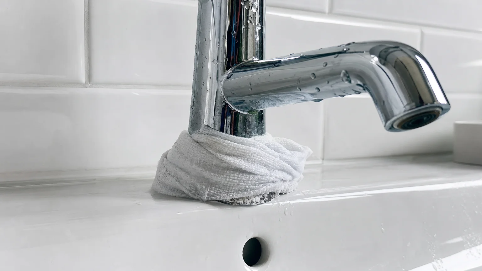 A chrome bathroom faucet wrapped at the base with a white cloth soaked in cleaning vinegar.