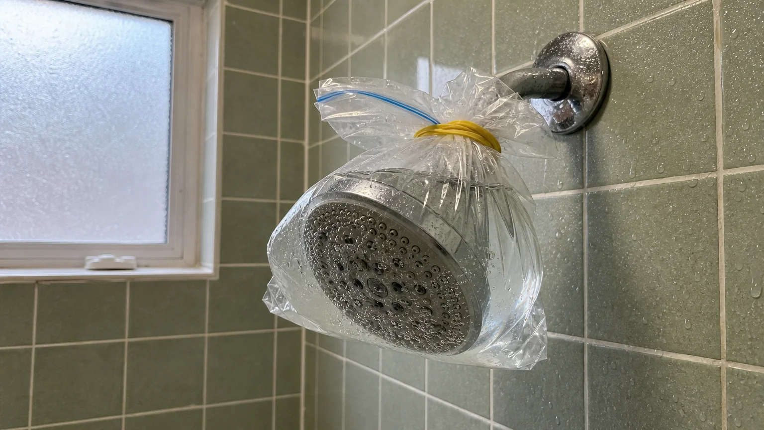 A chrome showerhead submerged in a plastic bag of white vinegar secured with a rubber band inside a tiled shower.