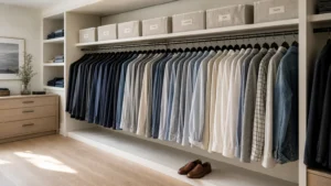 A clean, bright, and perfectly organized walk-in closet with uniform hangers and clear floors.