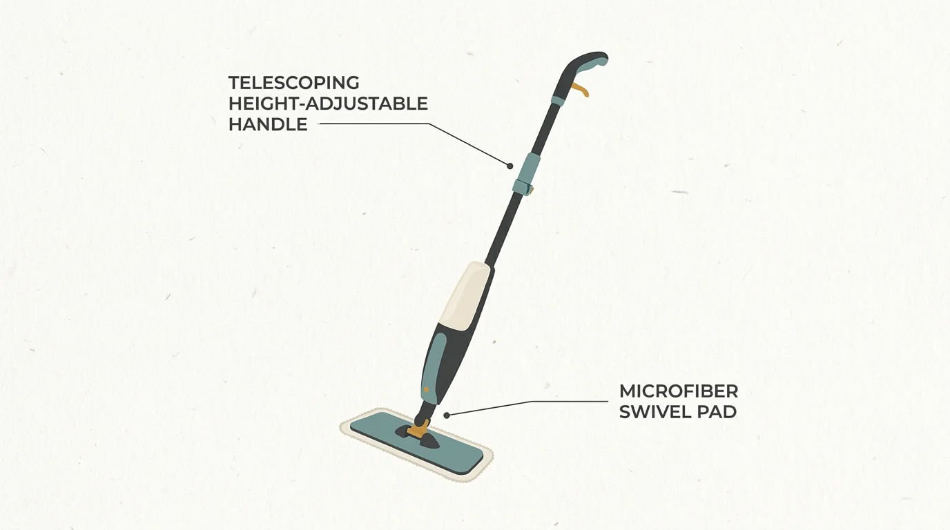 A clean diagram labeling the joint-friendly features of an ergonomic microfiber spray mop.