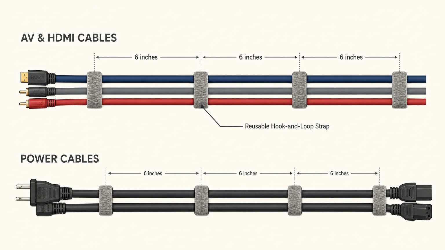 A clean diagram showing how to bundle audio/visual cables separately from power cables using hook-and-loop straps spaced 6 inches apart.