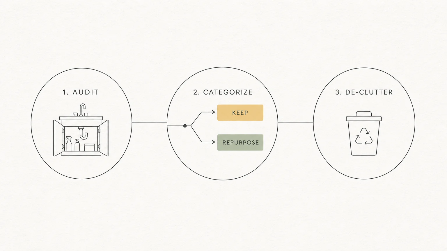 A clean, horizontal 3-step flowchart diagram showing how to audit, categorize, and de-clutter household cleaning supplies.