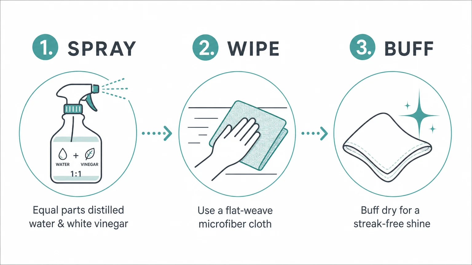 A clean, horizontal three-step infographic diagram showing how to spray, wipe, and buff a kitchen backsplash for a streak-free finish.