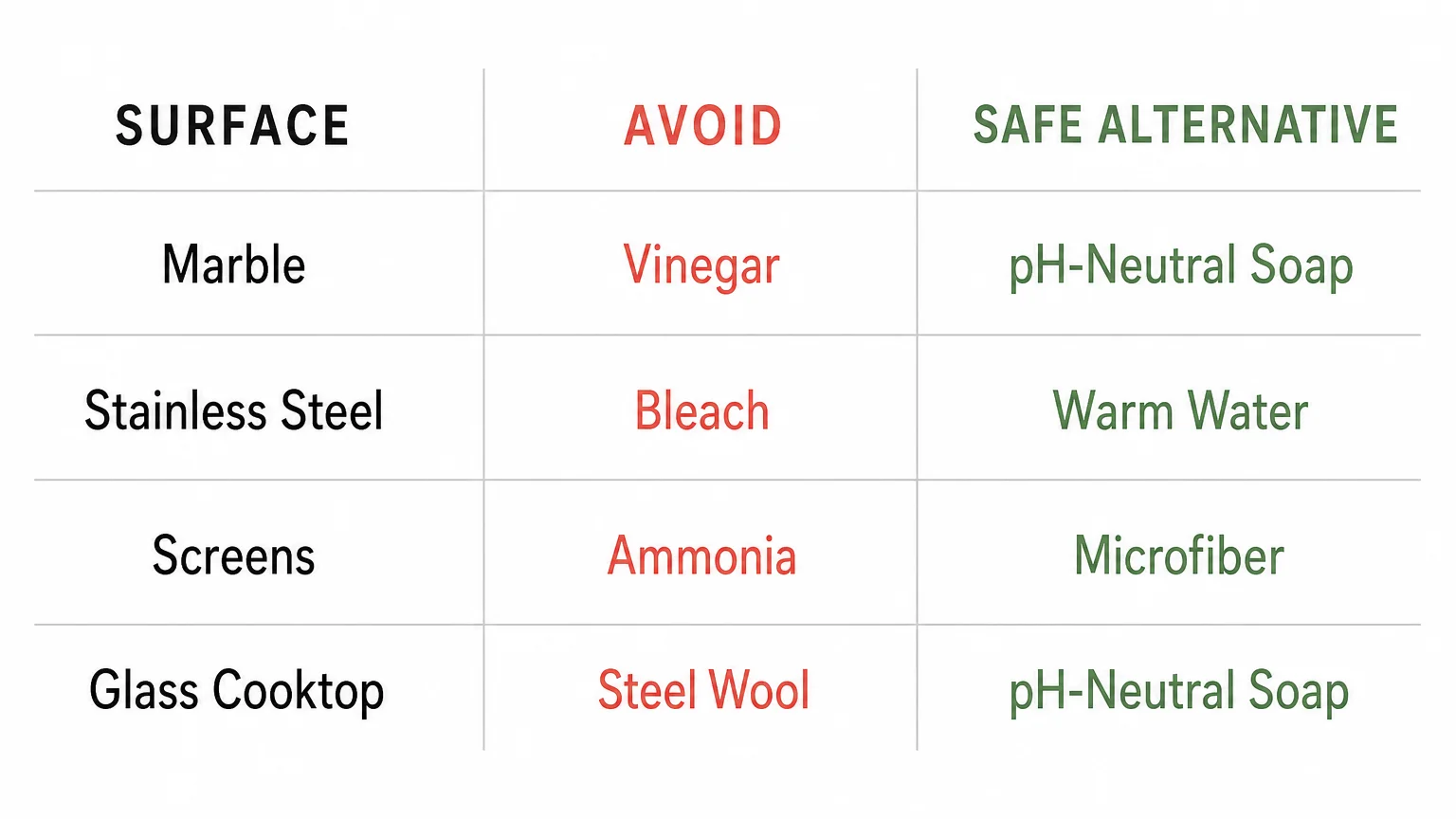 A clean, minimalist chart comparing sensitive surfaces, products to avoid, and safe alternative cleaning solutions.