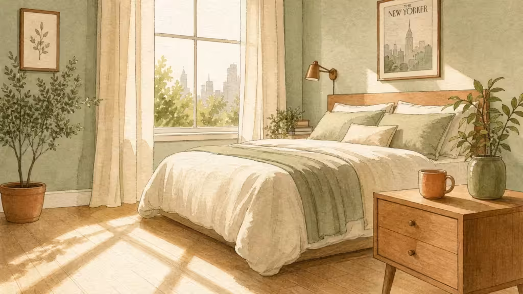 A clean, peaceful bedroom with a neatly made bed and a minimalist nightstand bathed in morning light.