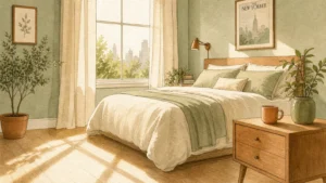 A clean, peaceful bedroom with a neatly made bed and a minimalist nightstand bathed in morning light.