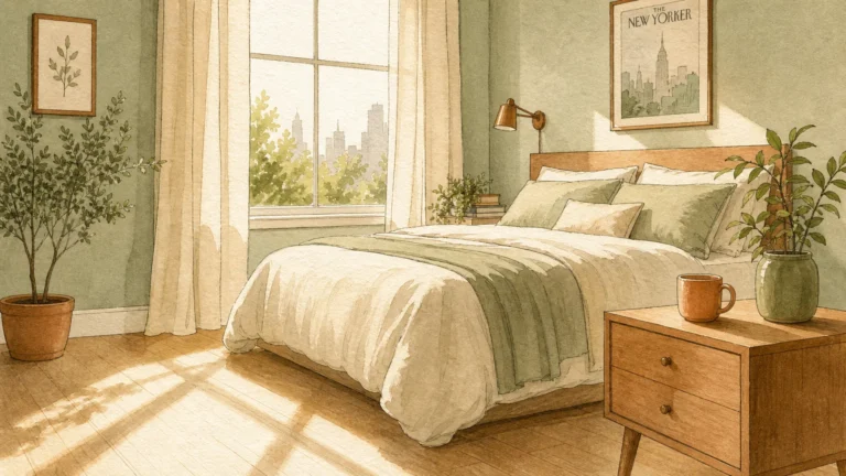 A clean, peaceful bedroom with a neatly made bed and a minimalist nightstand bathed in morning light.