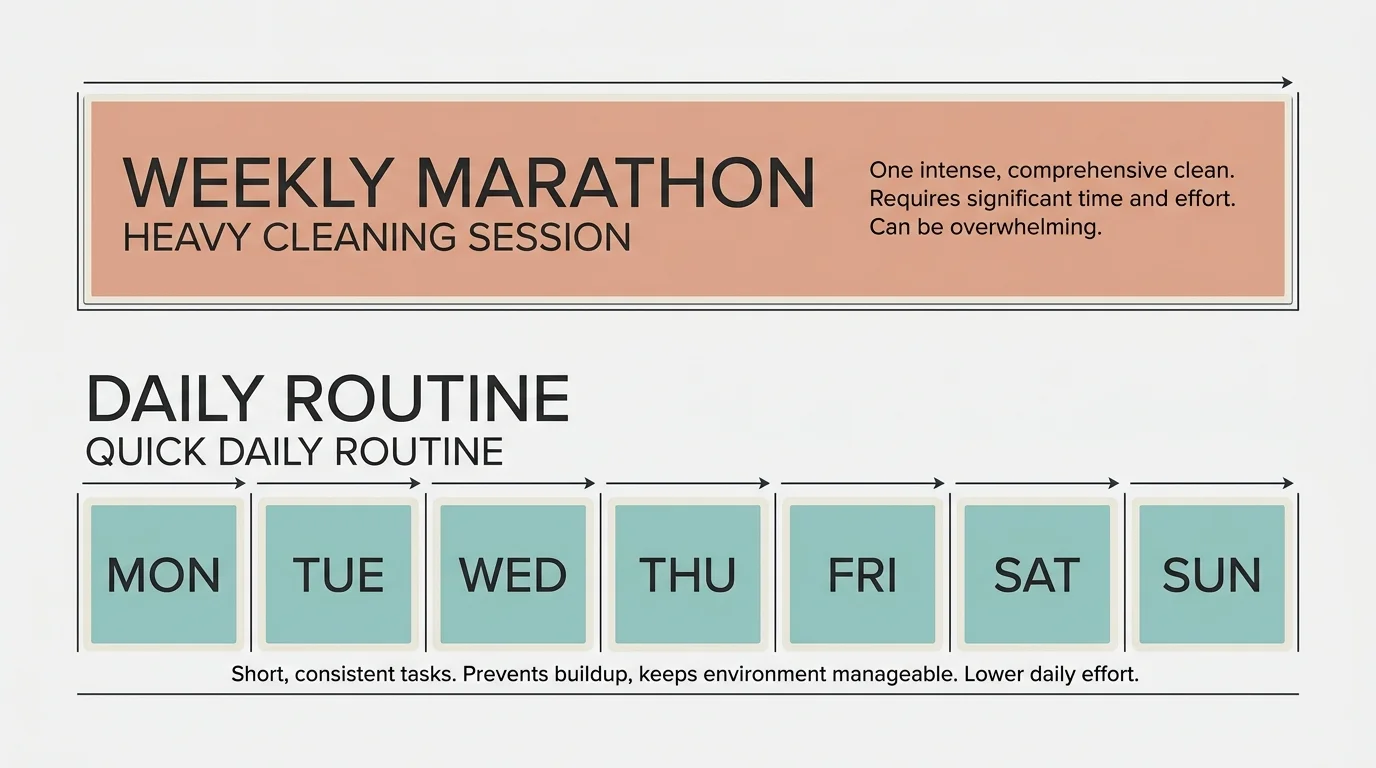 A clean timeline diagram comparing a single long weekly clean with quick, manageable daily routines.