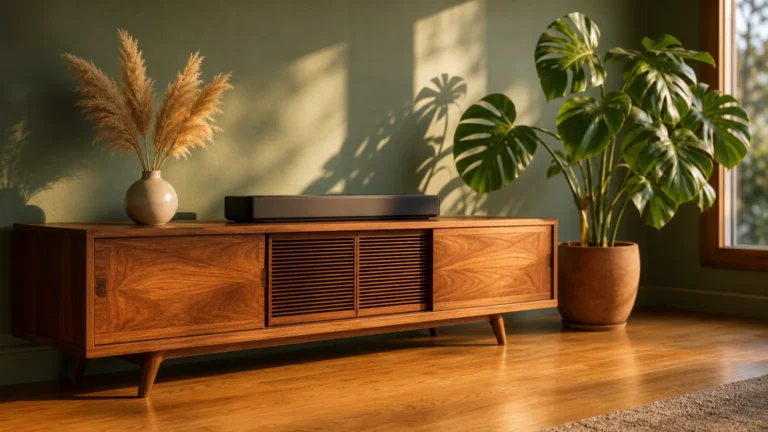 A clean, wire-free mid-century modern wooden TV console in a sunlit living room with a houseplant and no visible cords.