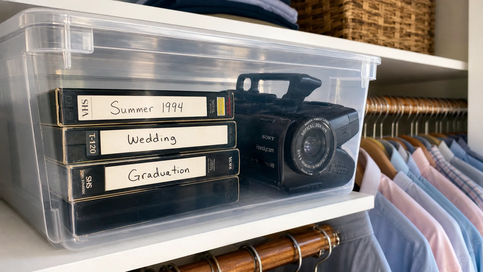 A clear plastic bin containing vintage VHS tapes labeled 'Summer 1994' and 'Wedding' stored safely in a closet.