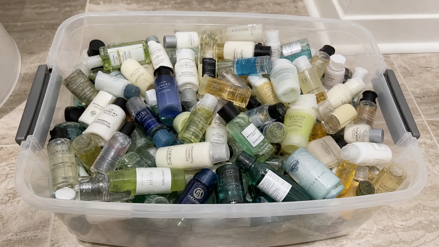 A clear plastic bin filled to the brim with small, miscellaneous hotel toiletry bottles.