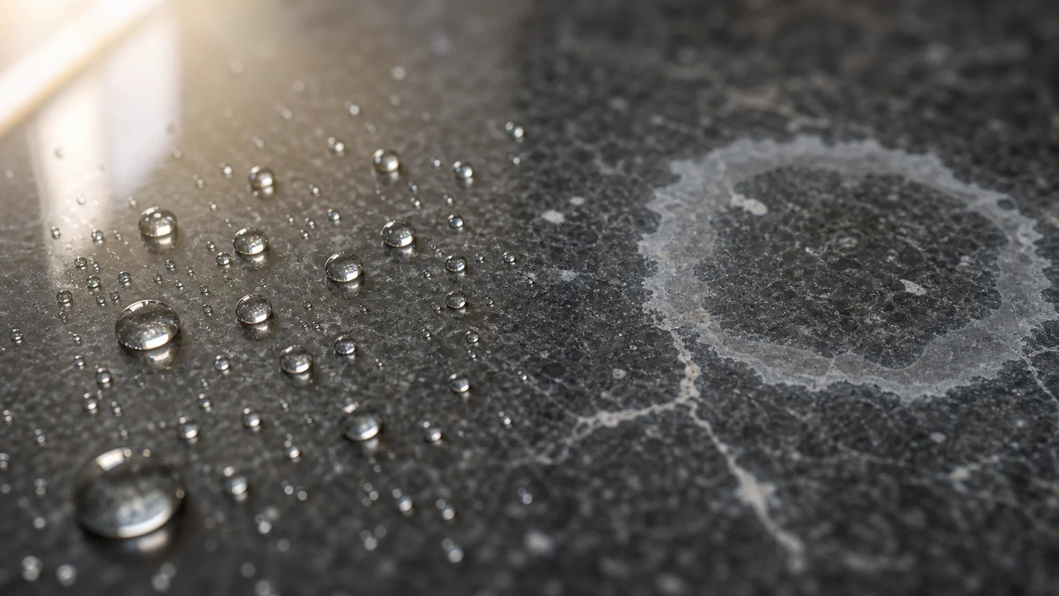 A close-up of a granite countertop showing water beading on a sealed surface next to a dull, etched ring caused by acid damage.