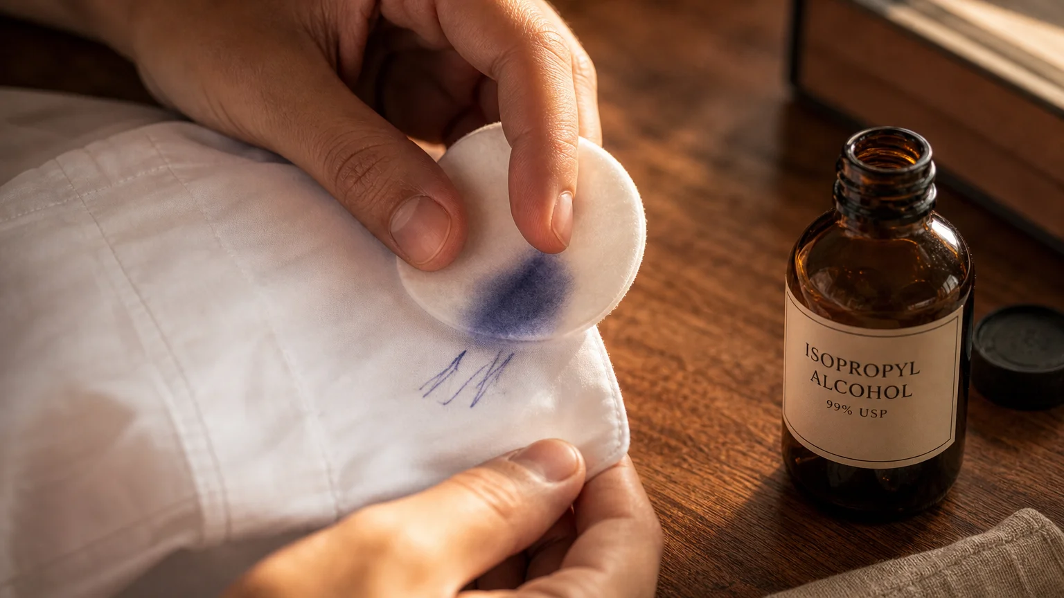 A close-up of a hand pressing an alcohol-soaked cotton pad onto a blue ink stain on a shirt sleeve.