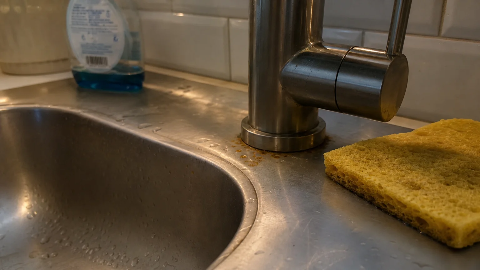 A close-up of a kitchen sink showing tiny rust spots forming on stainless steel due to chlorine bleach exposure.
