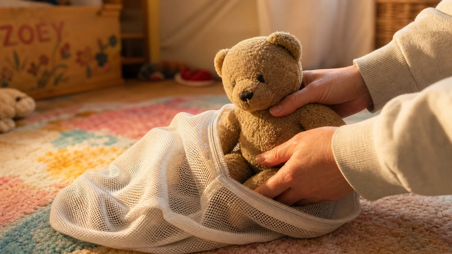 A close-up of a teddy bear being placed into a white mesh bag for washing.