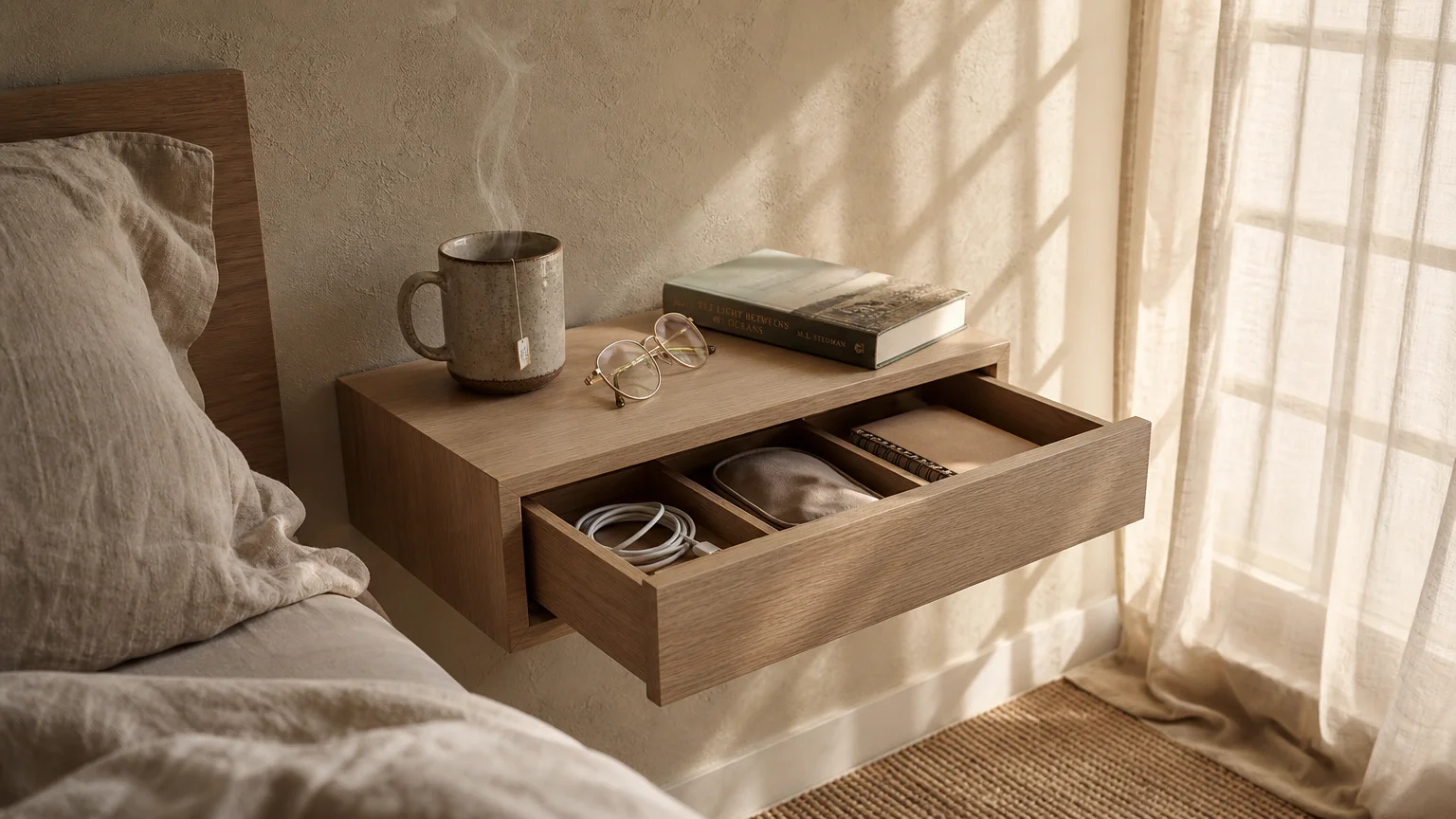 A close-up of a wall-mounted floating oak nightstand with its drawer slightly open, showing organized contents alongside a tea mug.