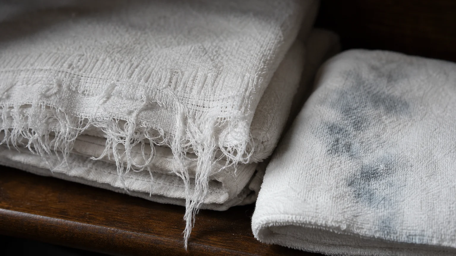 A close-up of a white towel with a frayed hem and a washcloth showing signs of wear and mildew.