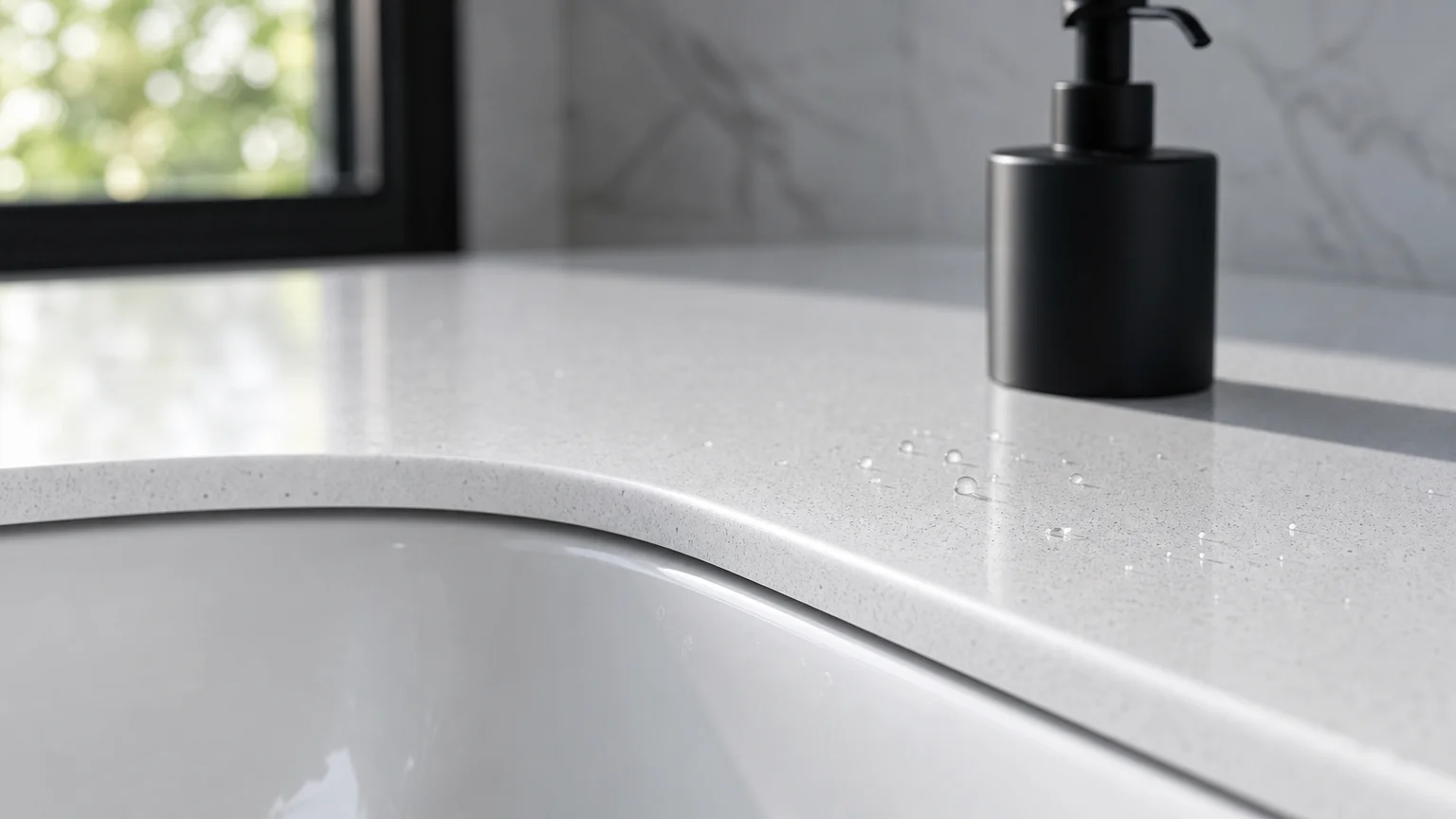 A close-up photograph of a clean undermount porcelain sink joined seamlessly with a polished white quartz countertop.